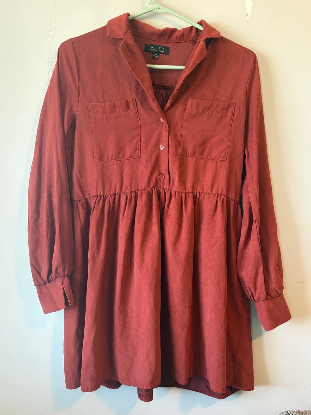 Francesca’s long sleeve button collared swing mini dress